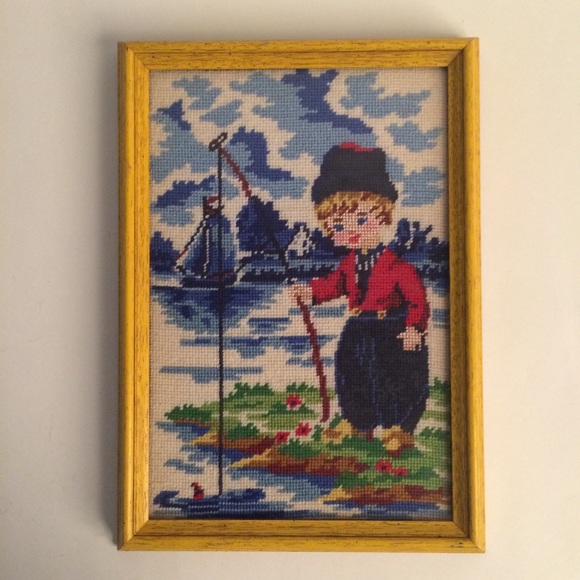 2 vintage needlepoint framed pics of children. - Picture 3 of 12
